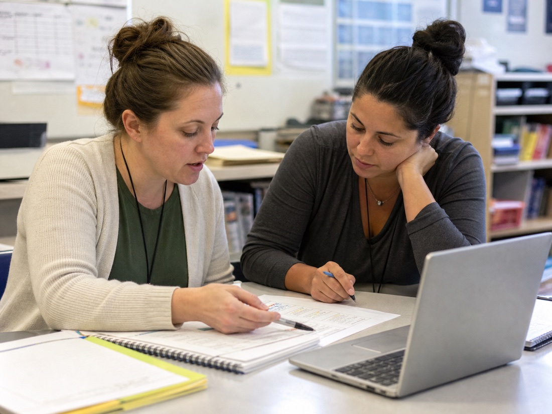 Instructional coach and teacher reviewing lesson materials together
