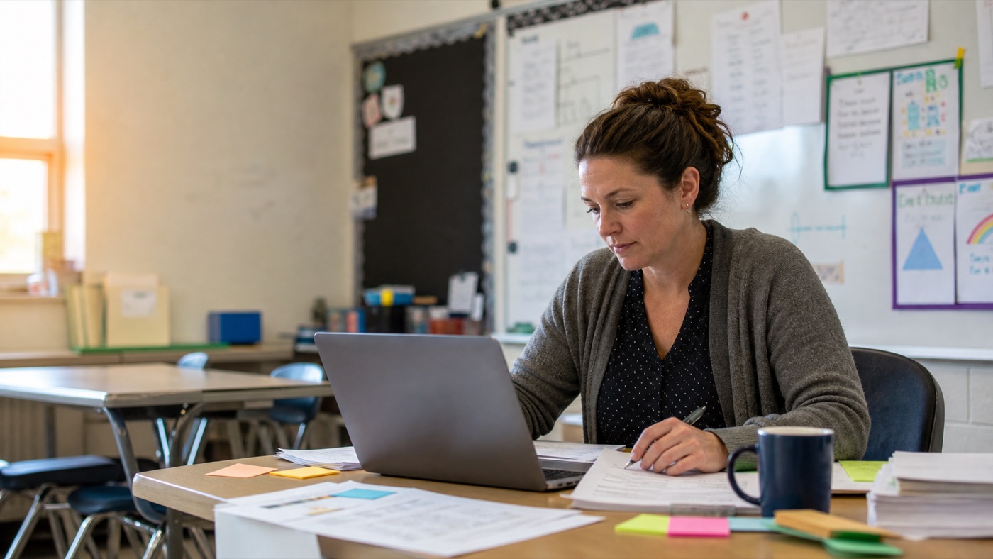 Teacher preparing lessons at a classroom desk after school